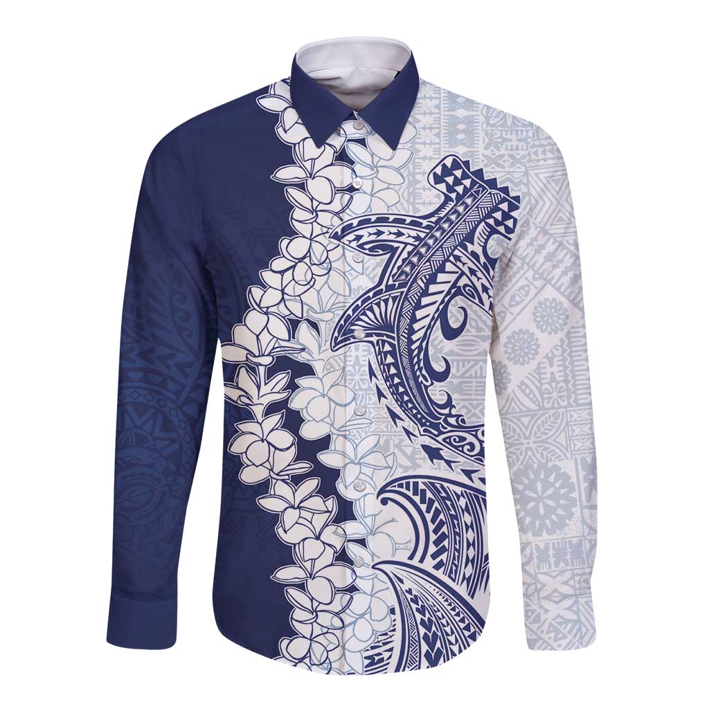 Polynesian Navy Blue Plumeria Lei Long Sleeve Button Shirt with Hammerhead Shark LT7 Unisex Navy Blue - Polynesian Pride