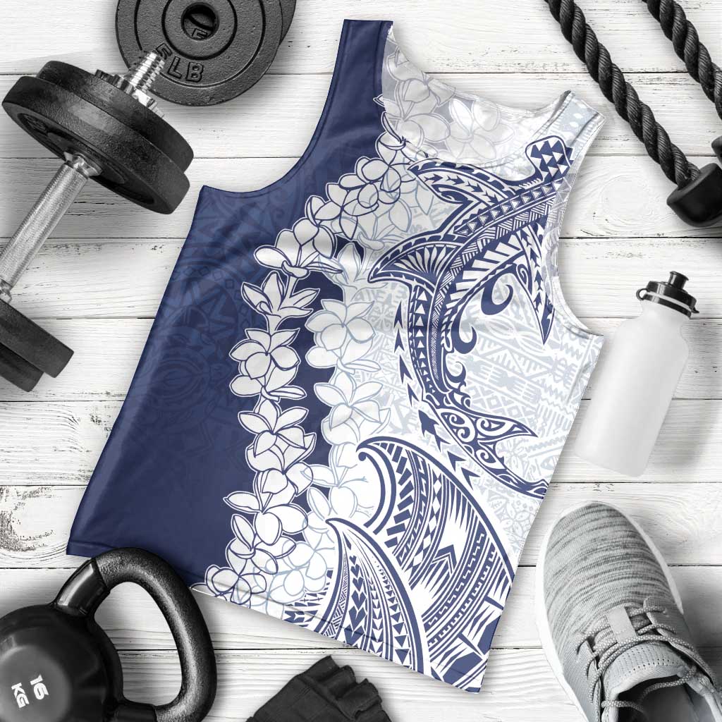 Polynesian Navy Blue Plumeria Lei Men Tank Top with Hammerhead Shark