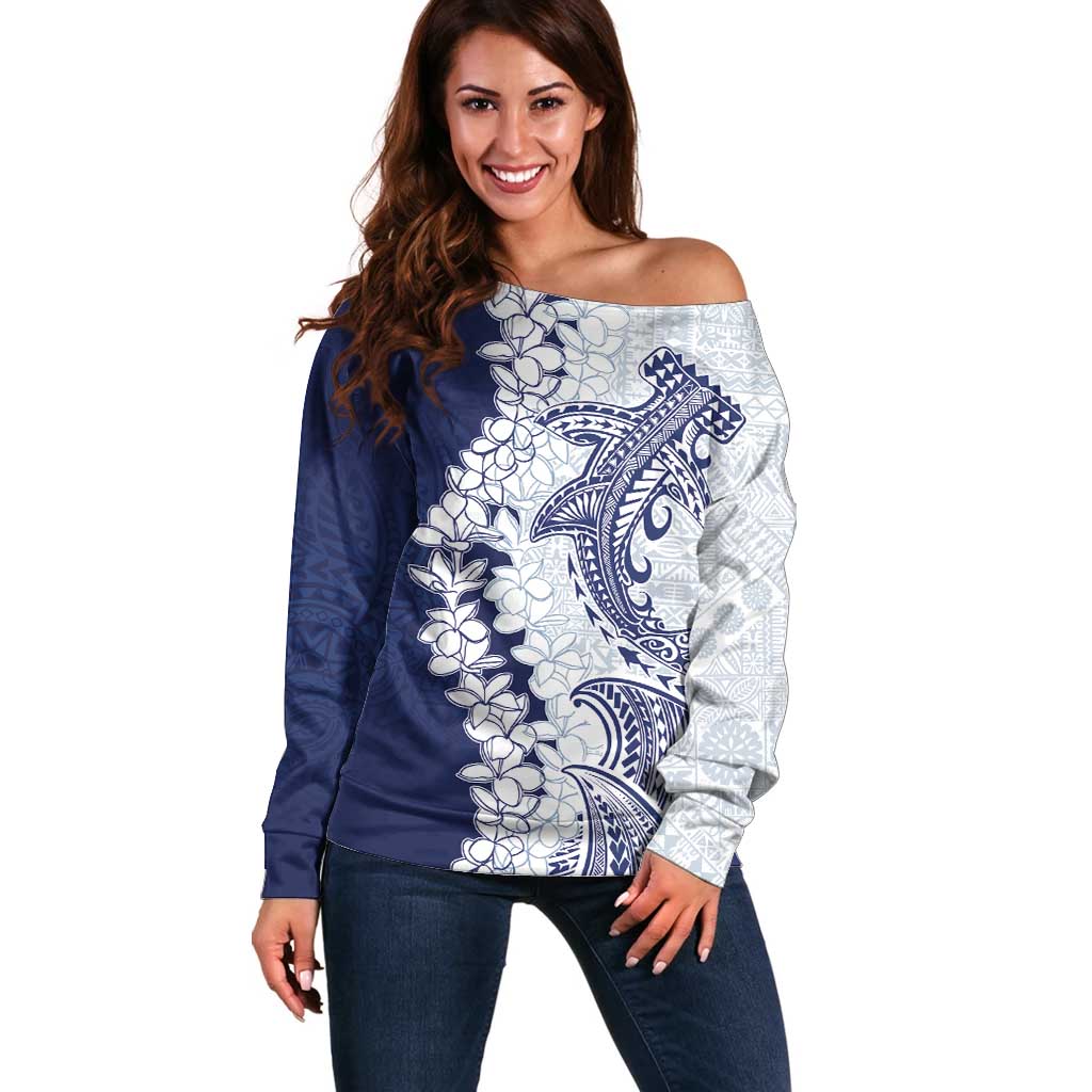Polynesian Navy Blue Plumeria Lei Off Shoulder Sweater with Hammerhead Shark LT7 Women Navy Blue - Polynesian Pride