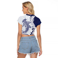 Polynesian Navy Blue Plumeria Lei Raglan Cropped T Shirt with Hammerhead Shark