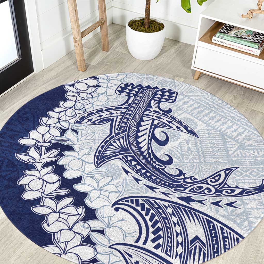 Polynesian Navy Blue Plumeria Lei Round Carpet with Hammerhead Shark LT7 Navy Blue - Polynesian Pride