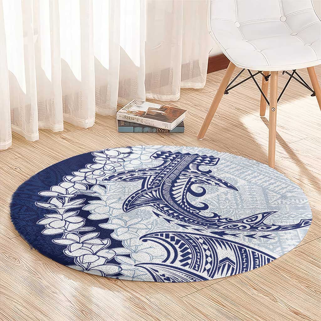 Polynesian Navy Blue Plumeria Lei Round Carpet with Hammerhead Shark LT7 - Polynesian Pride