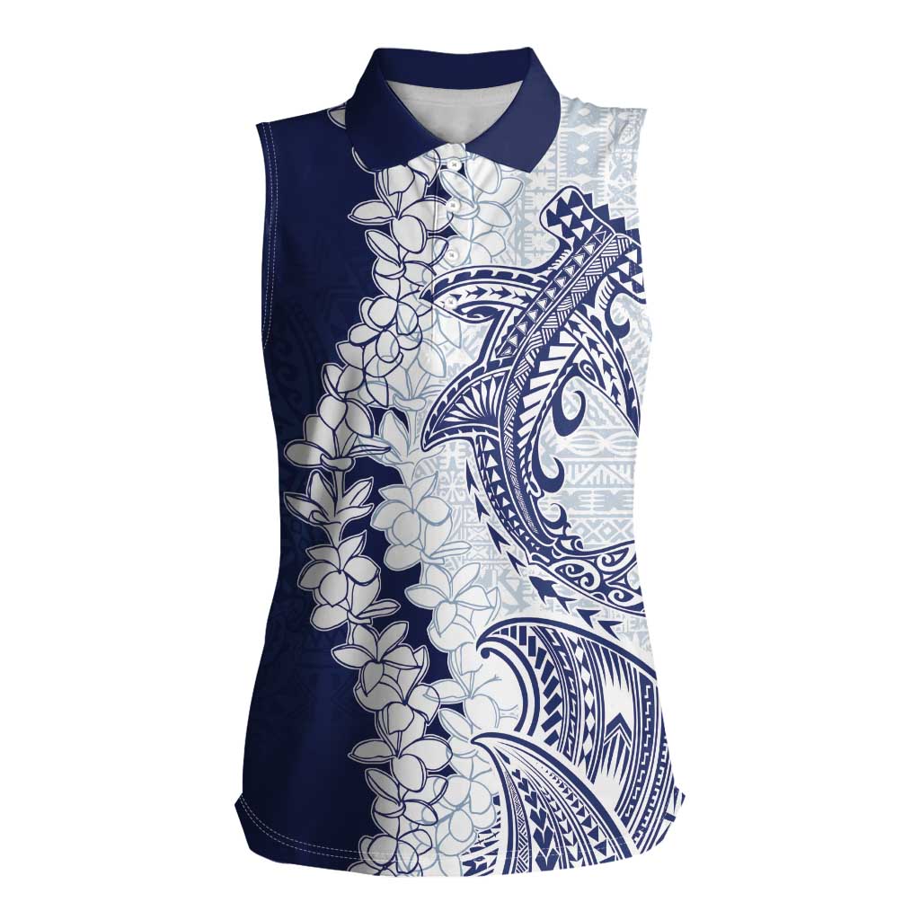 Polynesian Navy Blue Plumeria Lei Women Sleeveless Polo Shirt with Hammerhead Shark