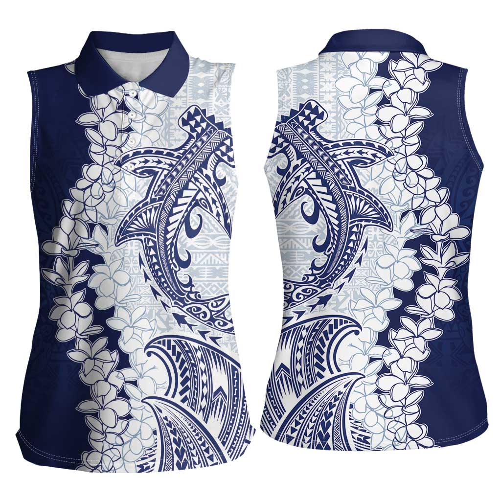 Polynesian Navy Blue Plumeria Lei Women Sleeveless Polo Shirt with Hammerhead Shark
