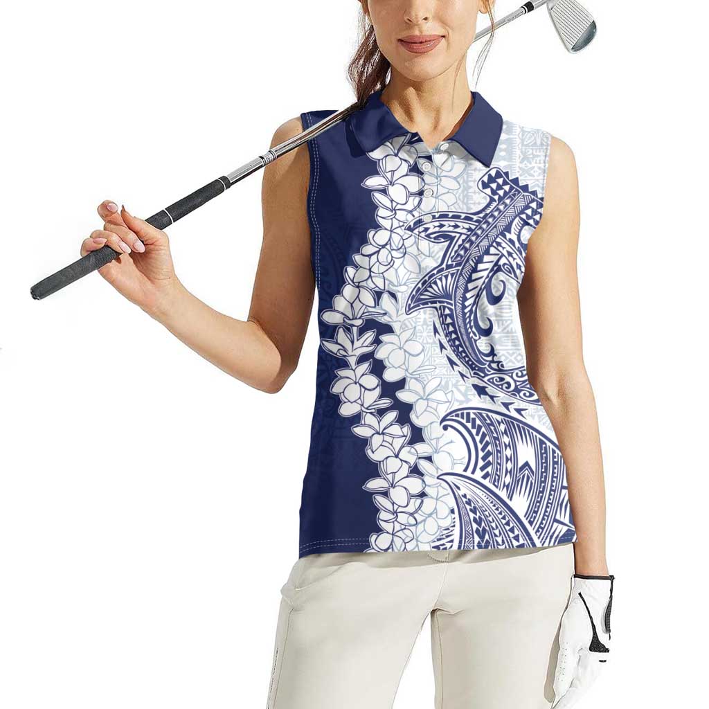 Polynesian Navy Blue Plumeria Lei Women Sleeveless Polo Shirt with Hammerhead Shark