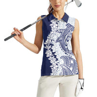 Polynesian Navy Blue Plumeria Lei Women Sleeveless Polo Shirt with Hammerhead Shark