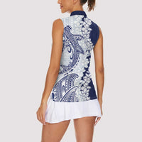 Polynesian Navy Blue Plumeria Lei Women Sleeveless Polo Shirt with Hammerhead Shark