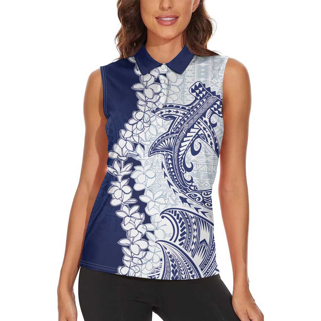 Polynesian Navy Blue Plumeria Lei Women Sleeveless Polo Shirt with Hammerhead Shark