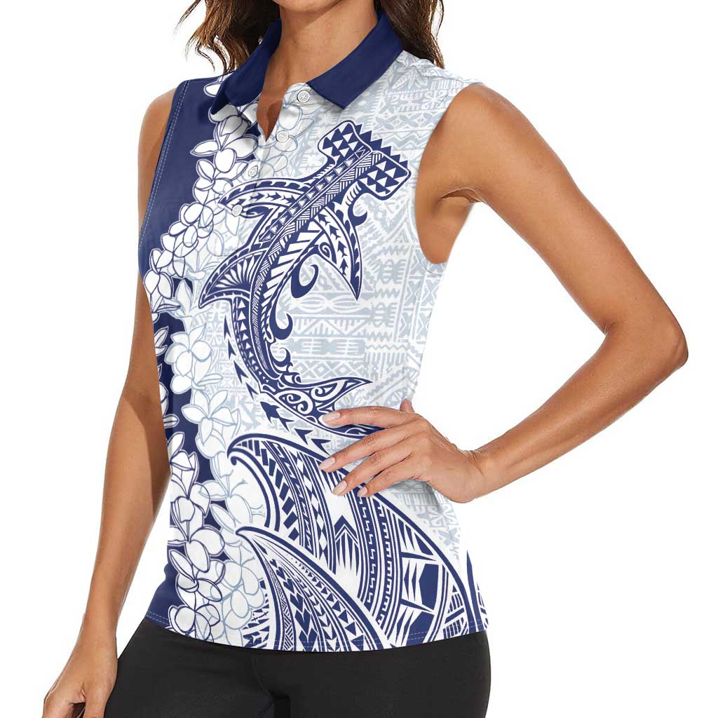 Polynesian Navy Blue Plumeria Lei Women Sleeveless Polo Shirt with Hammerhead Shark