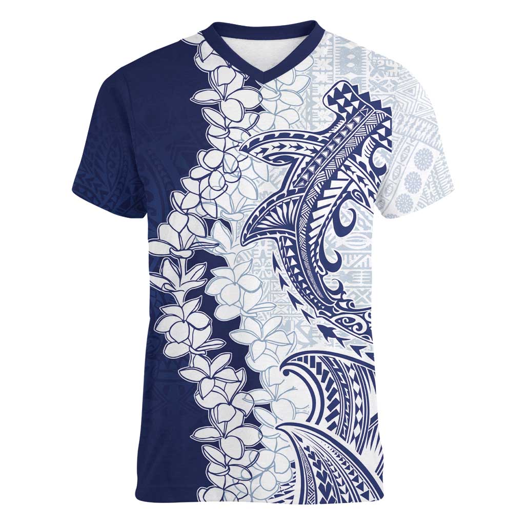 Polynesian Navy Blue Plumeria Lei Women V-Neck T-Shirt with Hammerhead Shark