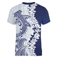 Polynesian Navy Blue Plumeria Lei Women V-Neck T-Shirt with Hammerhead Shark