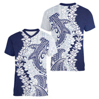Polynesian Navy Blue Plumeria Lei Women V-Neck T-Shirt with Hammerhead Shark