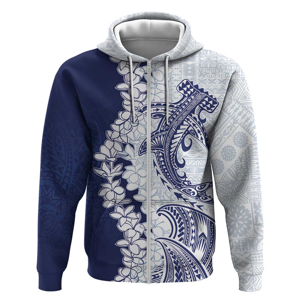 Polynesian Navy Blue Plumeria Lei Zip Hoodie with Hammerhead Shark LT7 Zip Hoodie Navy Blue - Polynesian Pride