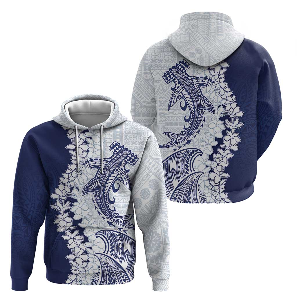 Polynesian Navy Blue Plumeria Lei Zip Hoodie with Hammerhead Shark LT7 - Polynesian Pride