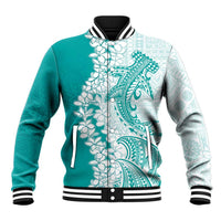 Polynesian Teal Plumeria Lei Baseball Jacket with Hammerhead Shark
