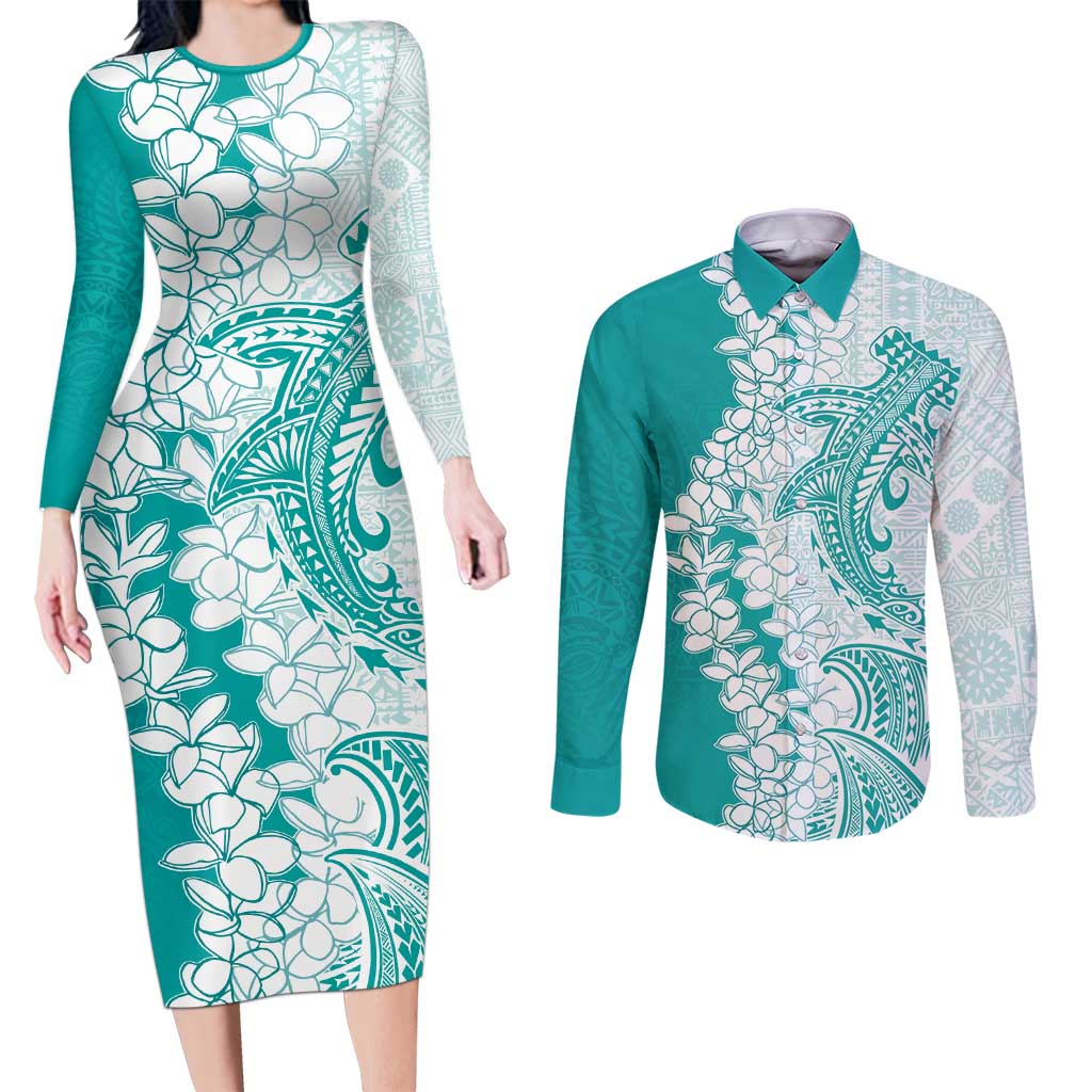 Polynesian Teal Plumeria Lei Couples Matching Long Sleeve Bodycon Dress and Long Sleeve Button Shirt with Hammerhead Shark