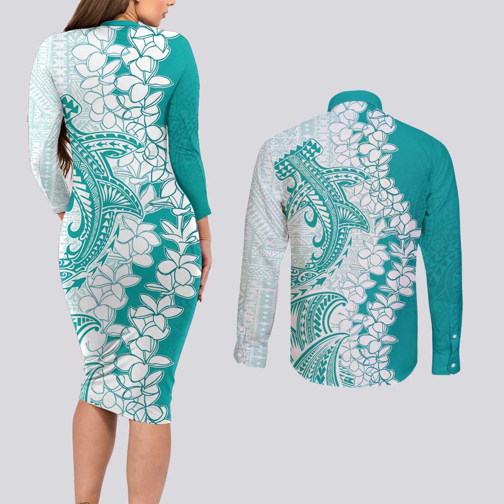 Polynesian Teal Plumeria Lei Couples Matching Long Sleeve Bodycon Dress and Long Sleeve Button Shirt with Hammerhead Shark