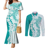 Polynesian Teal Plumeria Lei Couples Matching Mermaid Dress and Long Sleeve Button Shirt with Hammerhead Shark