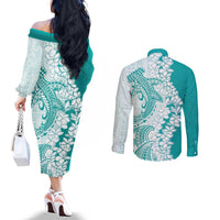 Polynesian Teal Plumeria Lei Couples Matching Off The Shoulder Long Sleeve Dress and Long Sleeve Button Shirt with Hammerhead Shark