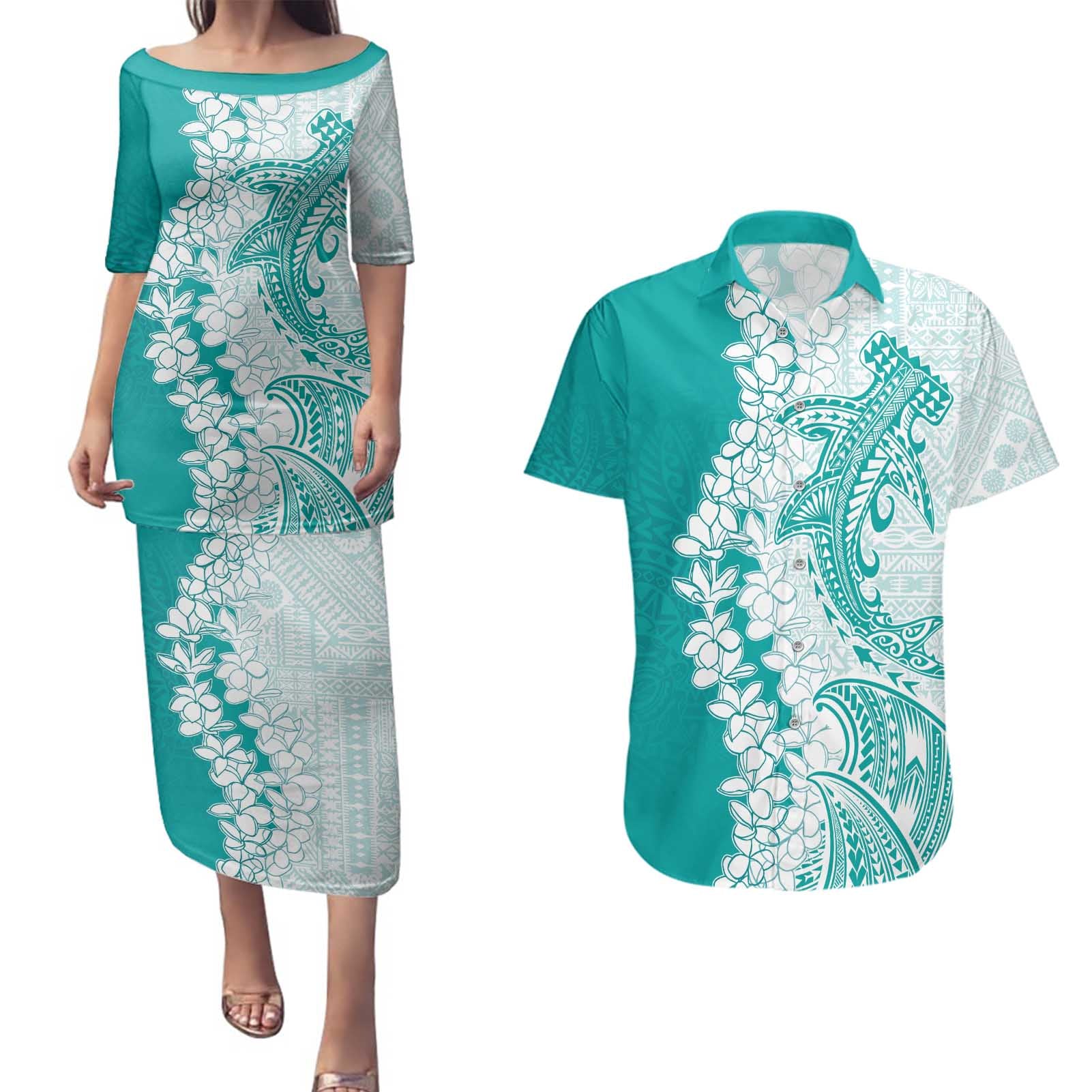 Polynesian Teal Plumeria Lei Couples Matching Puletasi and Hawaiian Shirt with Hammerhead Shark