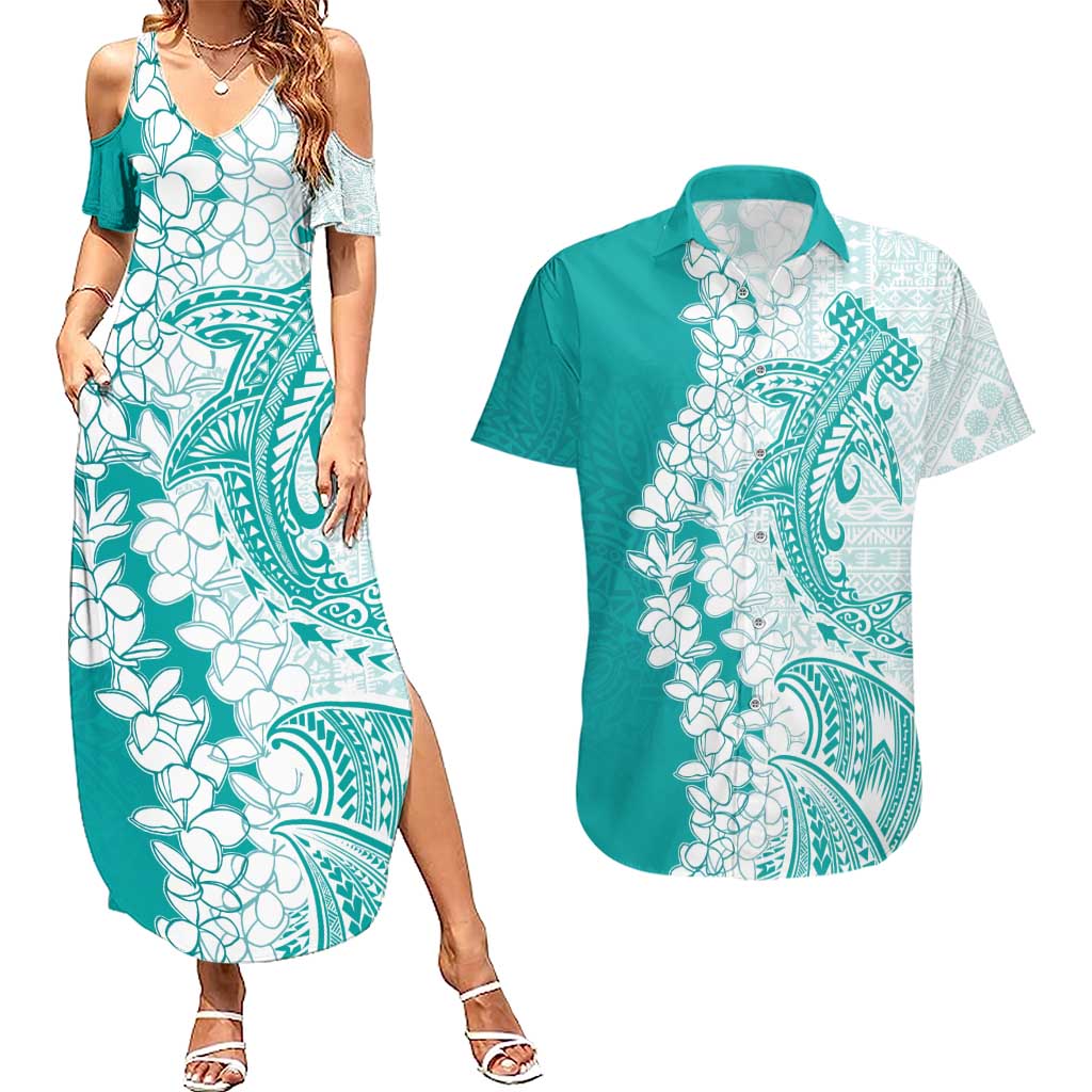 Polynesian Teal Plumeria Lei Couples Matching Summer Maxi Dress and Hawaiian Shirt with Hammerhead Shark