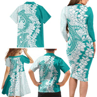 Polynesian Teal Plumeria Lei Family Matching Long Sleeve Bodycon Dress and Hawaiian Shirt with Hammerhead Shark LT7 - Polynesian Pride