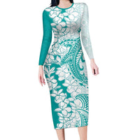 Polynesian Teal Plumeria Lei Family Matching Long Sleeve Bodycon Dress and Hawaiian Shirt with Hammerhead Shark LT7 Mom's Dress Teal - Polynesian Pride