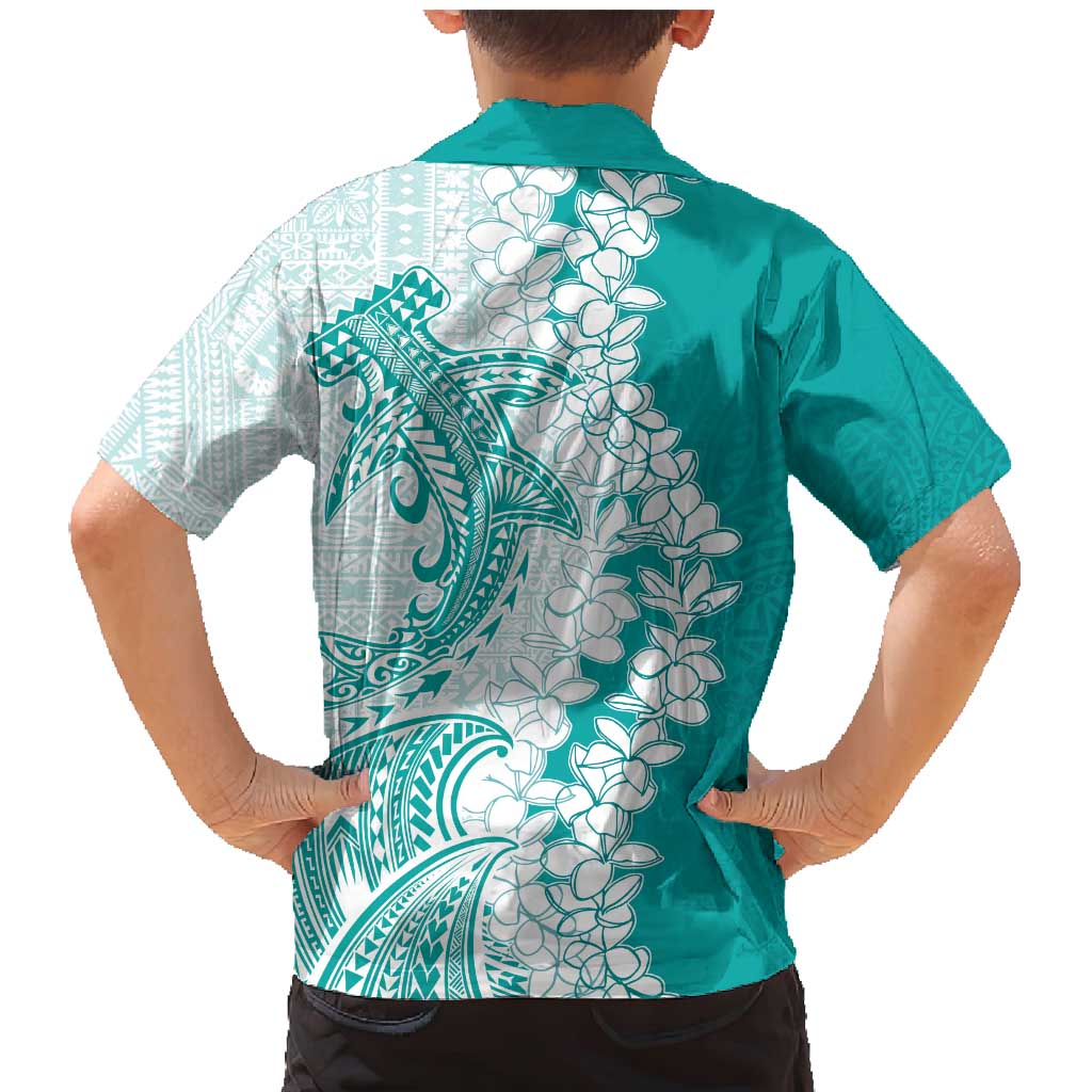 Polynesian Teal Plumeria Lei Family Matching Mermaid Dress and Hawaiian Shirt with Hammerhead Shark LT7 - Polynesian Pride