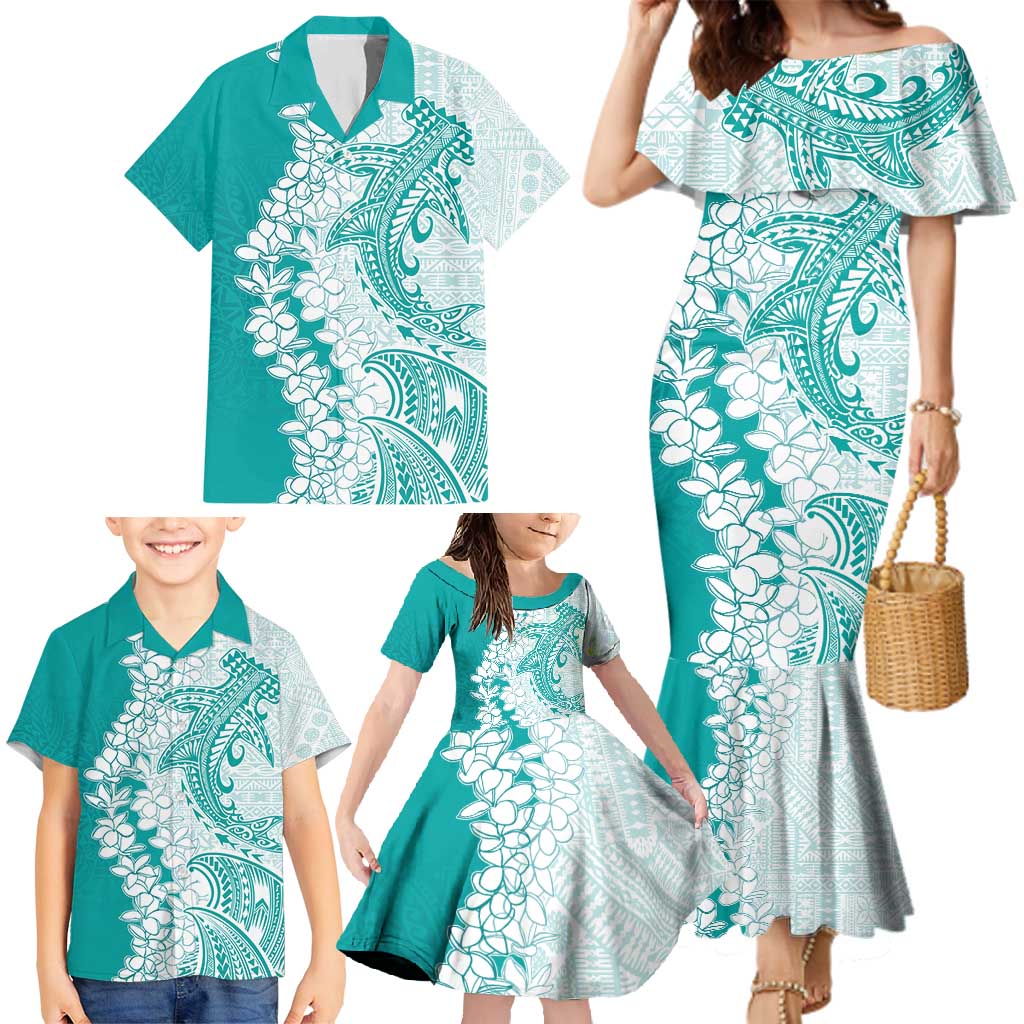 Polynesian Teal Plumeria Lei Family Matching Mermaid Dress and Hawaiian Shirt with Hammerhead Shark LT7 - Polynesian Pride