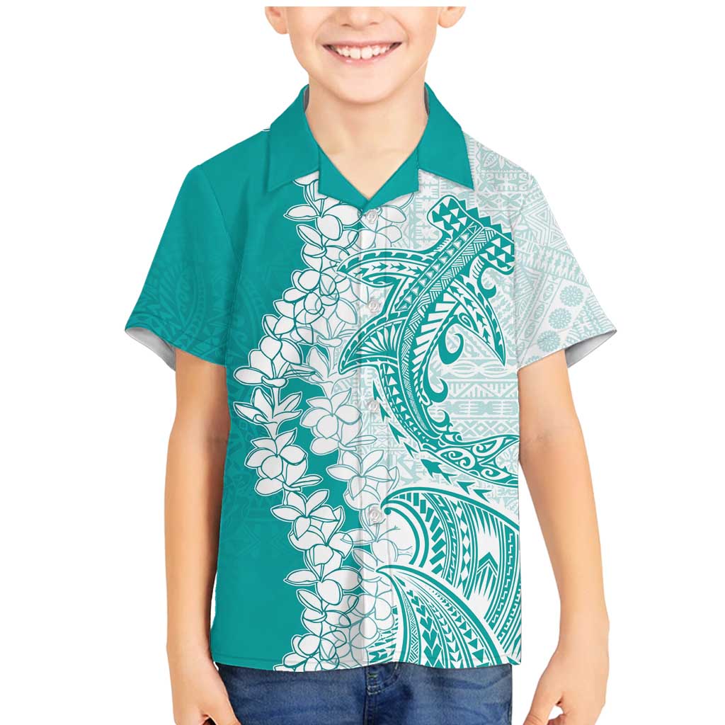Polynesian Teal Plumeria Lei Family Matching Mermaid Dress and Hawaiian Shirt with Hammerhead Shark LT7 Son's Shirt Teal - Polynesian Pride