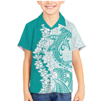 Polynesian Teal Plumeria Lei Family Matching Mermaid Dress and Hawaiian Shirt with Hammerhead Shark LT7 Son's Shirt Teal - Polynesian Pride