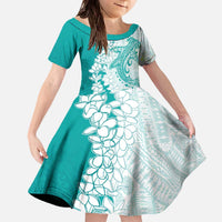 Polynesian Teal Plumeria Lei Family Matching Off The Shoulder Long Sleeve Dress and Hawaiian Shirt with Hammerhead Shark LT7 Daughter's Dress Teal - Polynesian Pride