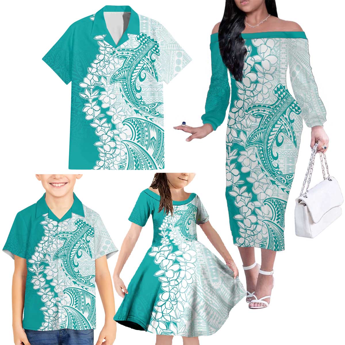 Polynesian Teal Plumeria Lei Family Matching Off The Shoulder Long Sleeve Dress and Hawaiian Shirt with Hammerhead Shark LT7 - Polynesian Pride
