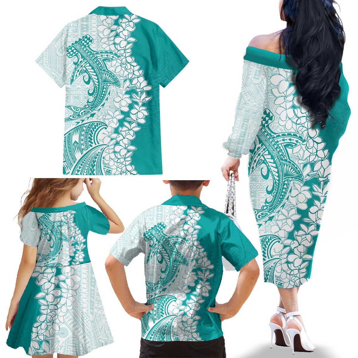 Polynesian Teal Plumeria Lei Family Matching Off The Shoulder Long Sleeve Dress and Hawaiian Shirt with Hammerhead Shark LT7 - Polynesian Pride