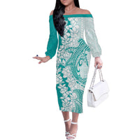 Polynesian Teal Plumeria Lei Family Matching Off The Shoulder Long Sleeve Dress and Hawaiian Shirt with Hammerhead Shark LT7 Mom's Dress Teal - Polynesian Pride