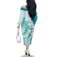 Polynesian Teal Plumeria Lei Family Matching Off The Shoulder Long Sleeve Dress and Hawaiian Shirt with Hammerhead Shark LT7 - Polynesian Pride