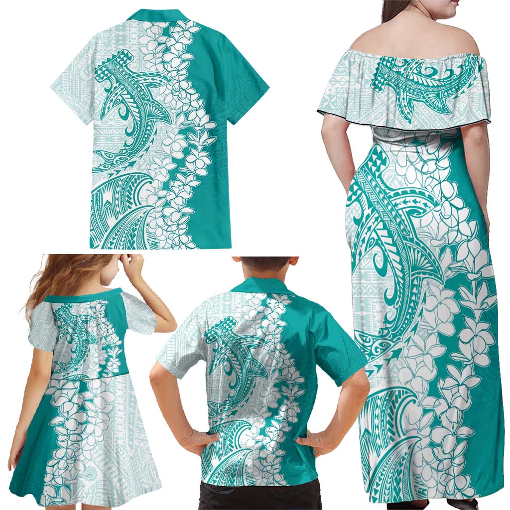 Polynesian Teal Plumeria Lei Family Matching Off Shoulder Maxi Dress and Hawaiian Shirt with Hammerhead Shark LT7 - Polynesian Pride