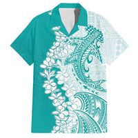 Polynesian Teal Plumeria Lei Family Matching Off Shoulder Maxi Dress and Hawaiian Shirt with Hammerhead Shark LT7 Dad's Shirt - Short Sleeve Teal - Polynesian Pride