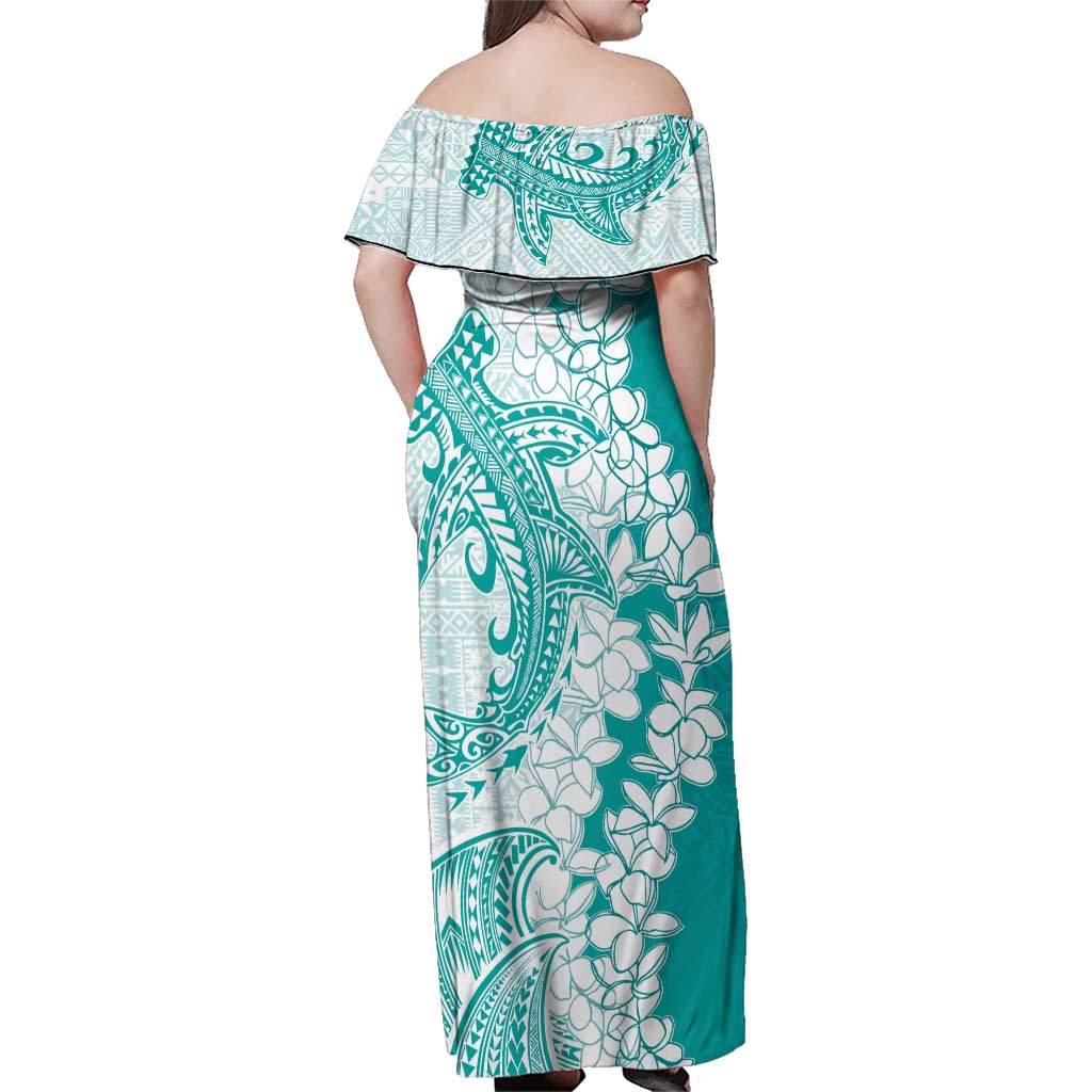 Polynesian Teal Plumeria Lei Family Matching Off Shoulder Maxi Dress and Hawaiian Shirt with Hammerhead Shark LT7 - Polynesian Pride
