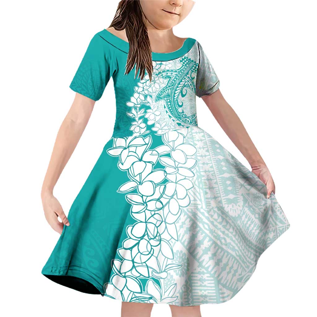 Polynesian Teal Plumeria Lei Family Matching Off Shoulder Short Dress and Hawaiian Shirt with Hammerhead Shark LT7 Daughter's Dress Teal - Polynesian Pride