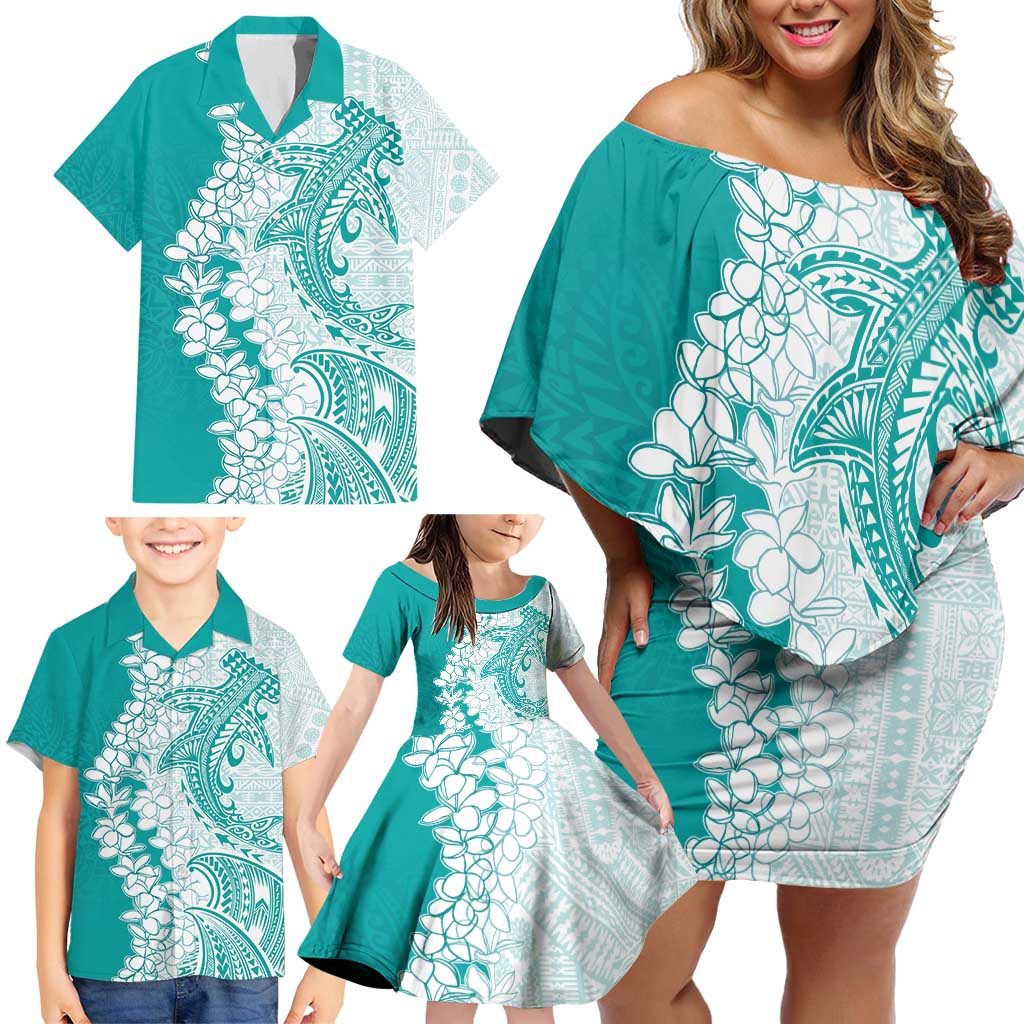 Polynesian Teal Plumeria Lei Family Matching Off Shoulder Short Dress and Hawaiian Shirt with Hammerhead Shark LT7 - Polynesian Pride