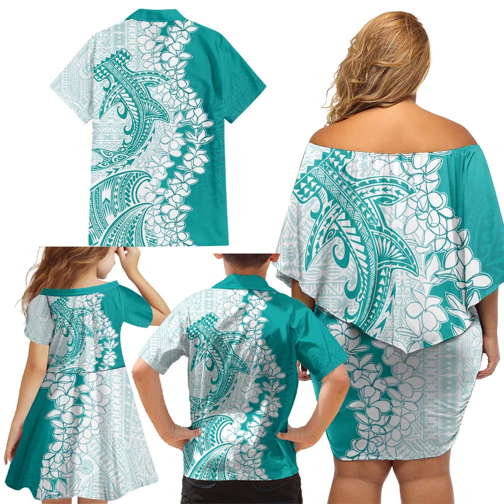 Polynesian Teal Plumeria Lei Family Matching Off Shoulder Short Dress and Hawaiian Shirt with Hammerhead Shark LT7 - Polynesian Pride