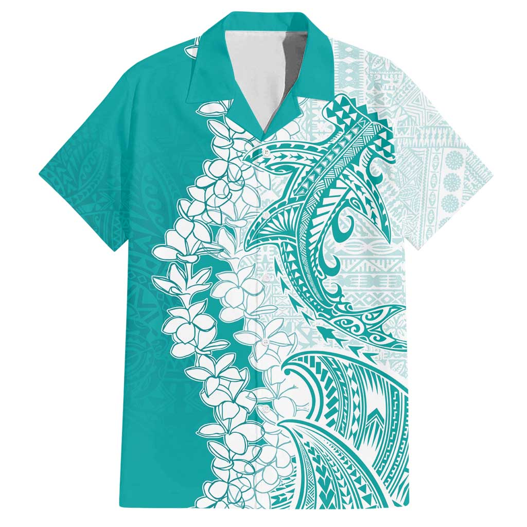 Polynesian Teal Plumeria Lei Family Matching Off Shoulder Short Dress and Hawaiian Shirt with Hammerhead Shark LT7 Dad's Shirt - Short Sleeve Teal - Polynesian Pride