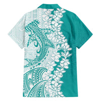 Polynesian Teal Plumeria Lei Family Matching Off Shoulder Short Dress and Hawaiian Shirt with Hammerhead Shark LT7 - Polynesian Pride