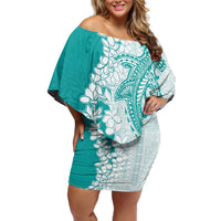 Polynesian Teal Plumeria Lei Family Matching Off Shoulder Short Dress and Hawaiian Shirt with Hammerhead Shark LT7 Mom's Dress Teal - Polynesian Pride