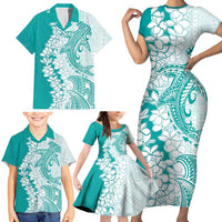 Polynesian Teal Plumeria Lei Family Matching Short Sleeve Bodycon Dress and Hawaiian Shirt with Hammerhead Shark LT7 - Polynesian Pride