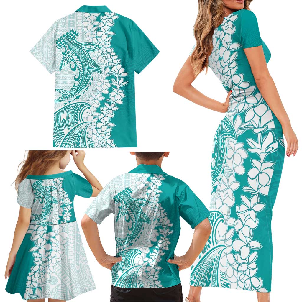 Polynesian Teal Plumeria Lei Family Matching Short Sleeve Bodycon Dress and Hawaiian Shirt with Hammerhead Shark LT7 - Polynesian Pride