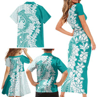 Polynesian Teal Plumeria Lei Family Matching Short Sleeve Bodycon Dress and Hawaiian Shirt with Hammerhead Shark LT7 - Polynesian Pride