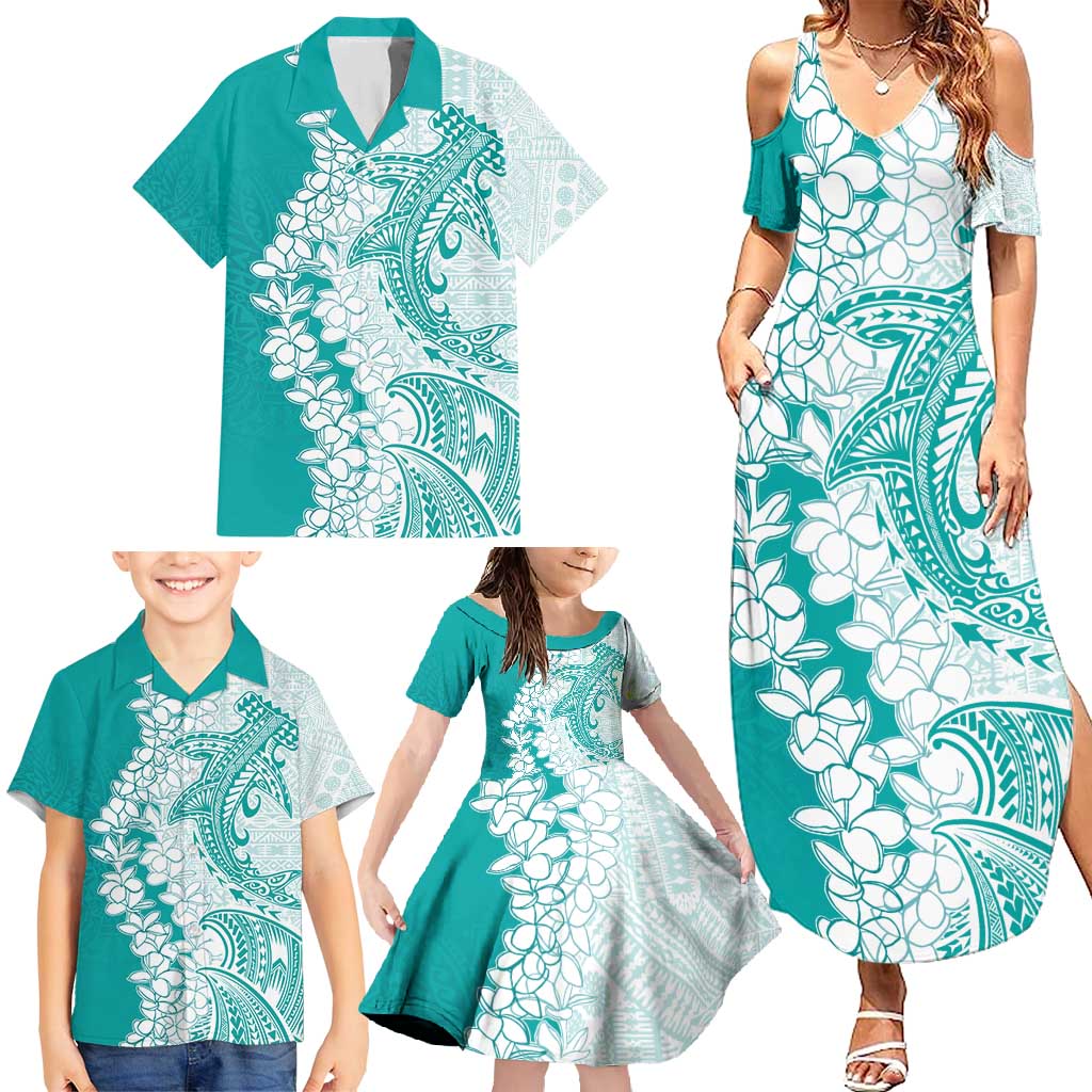 Polynesian Teal Plumeria Lei Family Matching Summer Maxi Dress and Hawaiian Shirt with Hammerhead Shark LT7 - Polynesian Pride