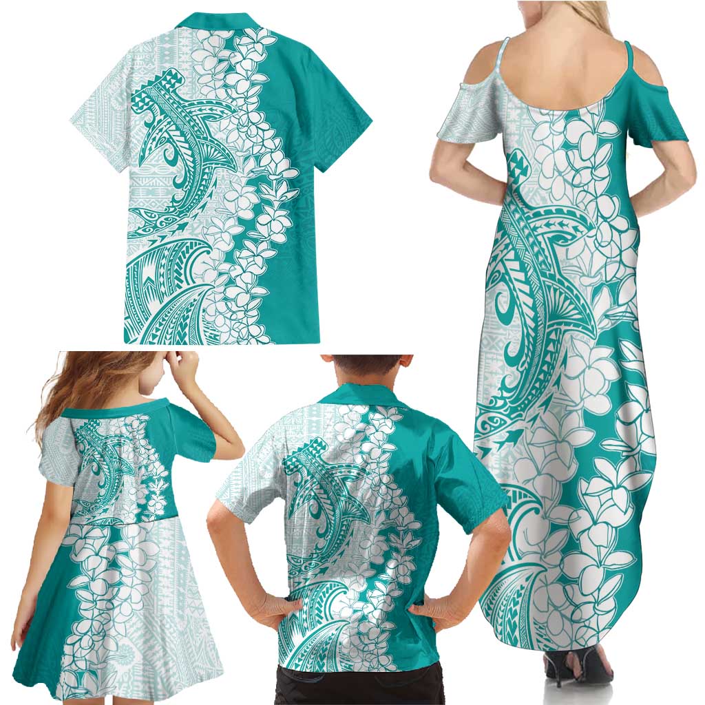 Polynesian Teal Plumeria Lei Family Matching Summer Maxi Dress and Hawaiian Shirt with Hammerhead Shark LT7 - Polynesian Pride